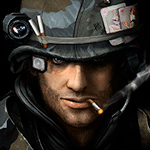 99px.ru аватар Солдат, мужчина с щетиной и шрамами, в шлеме с оптическим прицелом, курит сигарету