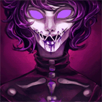 Аватар Kurloz Makara / Курлоз Макара из веб-комикса Хоумстак / Homestuck с пустыми глазницами, мерцающими фиолетовым сиянием, улыбается зашитым ртом с подтеками своей фиолетовой крови