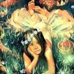 99px.ru аватар Девочка с венком из цветов лежит в траве, вокруг разбросаны короны, художник - иллюстратор Cyril Rolando / Кирилл Роландо