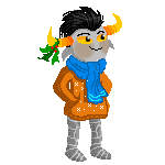 Аватар Tavros Nitram / Таврос Нитрам из веб-комикса Хоумстак / Homestuck, зимой, с омелой на роге, стоит в сугробе под снегопадом, улыбаясь и моргая смотрит вверх