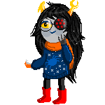 Аватар Vriska Serket / Вриска Серкет из веб-комикса Хоумстак / Homestuck зимой стоит в сугробе под снегопадом со снежком в руке, улыбаясь и моргая смотрит вверх