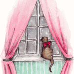 99px.ru аватар Кошка с красным бантом на шее, сидит на подоконнике, смотря на падающий за окном снег