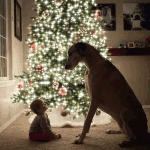 99px.ru аватар Маленький ребенок смотрит на собаку породы дог, на фоне новогодней елки