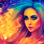 99px.ru аватар Девушка с розово - синими волосами с золотистым пламенем над рукой