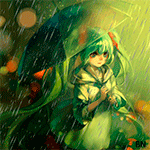 99px.ru аватар Вокалоид Хатсуне Мику / Vocaloid Hatsune Miku сидит под зеленым зонтом в дождь