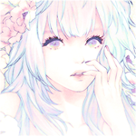 Аватар Vocaloid Hatsune Miku / Вокалоид Хатсуне / Хацунэ Мику с нежно-розовыми цветами в волосах приложила пальцы к лицу и губами