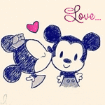 99px.ru аватар Рисованные Микки Маус, целующий в щеку Минни в ретро стиле, с сердечком и надписью (Love / Любовь)