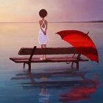Аватар Девочка стоит на лавочке, стоящей в воде, рядом красный зонт