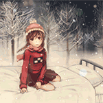 99px.ru аватар Мадоцуки / Madotsuki из игры Дневник сновидений / Yume Nikki сидит на кровати в зимнем лесу под падающим снегом