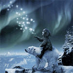 99px.ru аватар Девочка, сидя на белом медведе, протягивает руку к волшебному сиянию