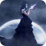 99px.ru аватар Девушка в черном платье на фоне луны держит в руке волшебный огонь