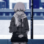 99px.ru аватар Гасай Юно / Gasai Yuno из аниме Mirai Nikki / Дневник будущего, смотрит в телефон, сидя на остановке