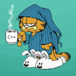 99px.ru аватар Кот Гарфилд / Garfield в пижаме и тапках в виде зайцев держит дымящуюся кружку