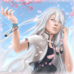 99px.ru аватар Девушка с длинными белыми волосами на фоне голубого неба, по которому летят розовые лепестки с облетающей сакуры, арт Kairi