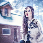 99px.ru аватар Девушка на зимней природе рядом с домом, сидит прижавшись к собаке