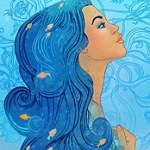 99px.ru аватар Девушка с голубыми волосами, на которых изображены золотые рыбки, иллюстратор Варвара Горбаш