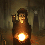 99px.ru аватар Девушка, у которой на плече сидит кошка, держит в руках огненный шар, позади девушки стоит какое-то существо и летают вороны