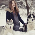 99px.ru аватар Девушка с собаками породы хаски сидит на снегу, ву Nastya M