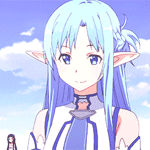Аватар Asuna Yuki / Асуна Юки в образе голубоглазой эльфийки с голубыми волосами, держит в руке маленькую фею, момент из аниме Мастера меча онлайн / Sword Art Online
