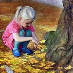 99px.ru аватар Девочка с белыми волосами сидит и трогает осенние листья у дерева