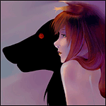 Аватар Хоро / Horo из аниме Волчица и Пряности / Spice and Wolf, на фоне черного волка с красными глазами