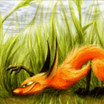 99px.ru аватар Рыжая лисица высунув язык и приподняв лапку охотится в траве