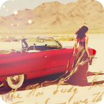 99px.ru аватар Девушка в длинном платье у красного автомобиля на фоне пустыни и виднеющихся вдали гор