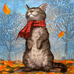 99px.ru аватар Кот в красном шарфе поднялся на задние лапы, рядом с ним кружатся осенние листья