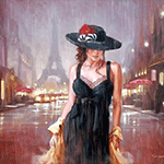 99px.ru аватар Девушка в черной шляпе сняла плащ и в вечернем платье идет в дождь по ночной улице Парижа