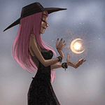 99px.ru аватар Девушка в черном платье и шляпке держит в руках огненный шар на фоне полумесяца