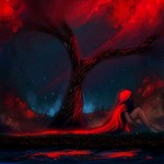 Аватар Девушка с красными длинными волосами сидит под деревом, около воды, ву ryky