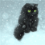 99px.ru аватар Черная кошка с большими зелеными глазами сидит под снегом и шевелит хвостом