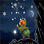 99px.ru аватар Маленький гном стоя на толстой ветке дерева, в лунную ночь с зажженным фонарем, ловит сачком звезды с неба