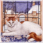 99px.ru аватар Кот лежит у окна, за которым видны дома и падающий снег