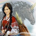 Аватар Девушка с рогами единорога в мешке, позади которой виден единорог