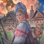 Аватар Девушка в русском народном костюме на фоне Змея Горыныча, русской деревни и Лешего держит в руках лягушку со стрелой