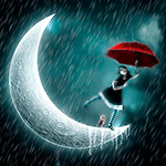 99px.ru аватар На полумесяце в ночном небе девушка балансирует стоя на одной ноге в сильный дождь под красным зонтом, прикрывая им совенка от дождевых капель