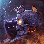 99px.ru аватар Черный котенок в окружении огня сидит возле черепа, на котором корона и бабочка