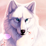 99px.ru аватар Белый волк стоящий под падающими лепестками, держит в пасти розовый цветок
