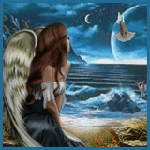 99px.ru аватар Девушка-ангел сидит на фоне моря и голубого неба с луной и смотрит на летящего голубя