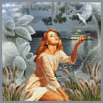 99px.ru аватар Красивая рыжеволосая девушка сидит на берегу реки на фоне цветов и голубя
