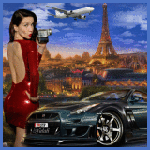 99px.ru аватар Девушка в красном платье на фоне Парижа, автомобиля и самолета летящего в небе