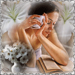 99px.ru аватар Девушка сидит за столом с чашкой в руках и читает книгу на фоне цветов