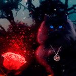 99px.ru аватар Черный кот с медальоном на шее сидит возле сияющей, красной розы