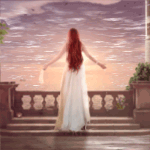 99px.ru аватар Девушка в белом платье стоит на балконе, на фоне плывущих облаков
