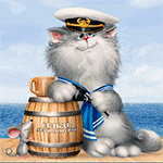 99px.ru аватар Кот в морской фуражке курит трубку, облокотившись на бочку с атлантической сельдью; мышь, выглядывая из-за бочки, принюхивается