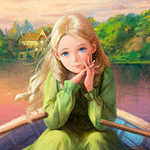 99px.ru аватар Marnie / Марни сидя в лодке посреди пруда пристально смотрит вперед, за ее спиной виден зеленый холм и старый особняк, персонаж из аниме Omoide no Marnie / Воспоминания Марни, art by Nababa