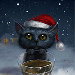 99px.ru аватар Черный котенок в новогодней шапочке поставил лапки на бокал с шампанским
