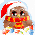 99px.ru аватар Сова в новогодней шапочке сидит в снегу среди игрушек