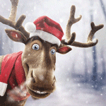 99px.ru аватар Олень в новогодней шапочке и шарфике стоит под снегопадом